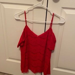 Red lace cold-shoulder blouse
